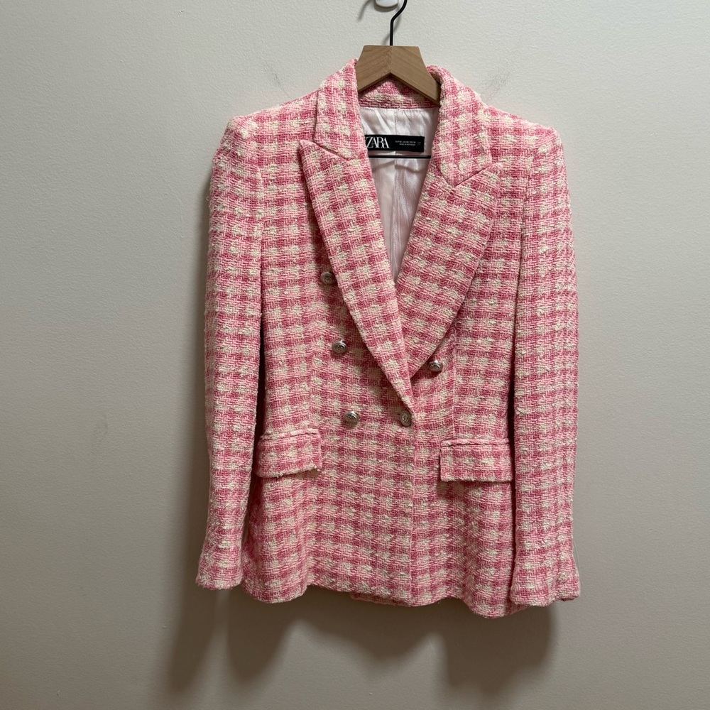ZARA Pink Tweed Blazer Double Breasted Bouclé Jacket tailored Preppy Workwear - Picture 2 of 14